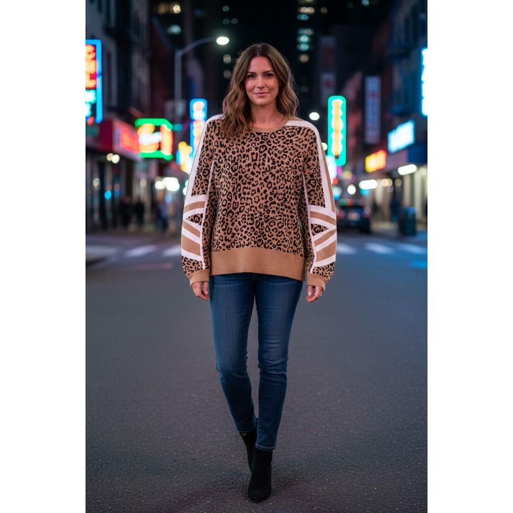 Current/Elliott Leopard Print Cotton Wool Cashmere Sweater Tan White Size 3 L